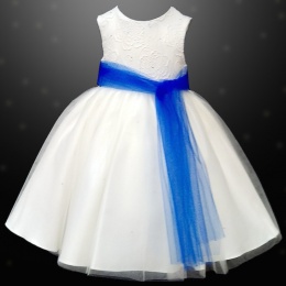 Girls Ivory Diamante & Organza Dress with Royal Blue Sash